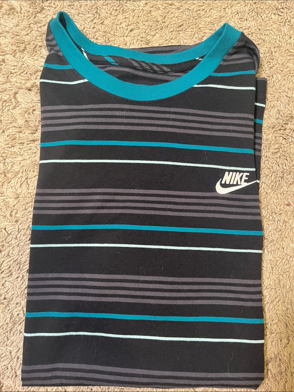 Nike Black Short-Sleeve Tee with Teal & Light Blue Stripes